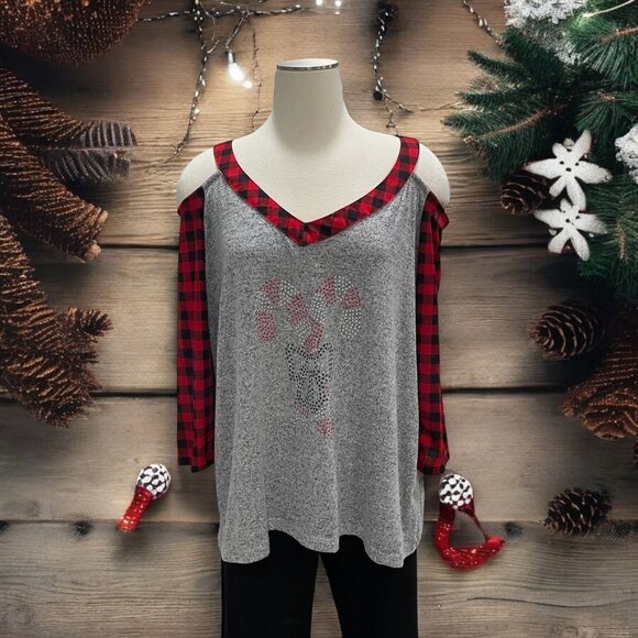 Christmas Top 1X Plaid Sleeves Cold Shoulder Candy Cane Festive Holiday Winter - Picture 1 of 9